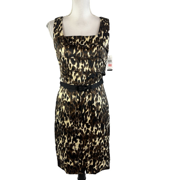 ALYX Dress size 6 Brown Black Leopard Knee Belted Career Church Stretch Straight - Picture 1 of 11